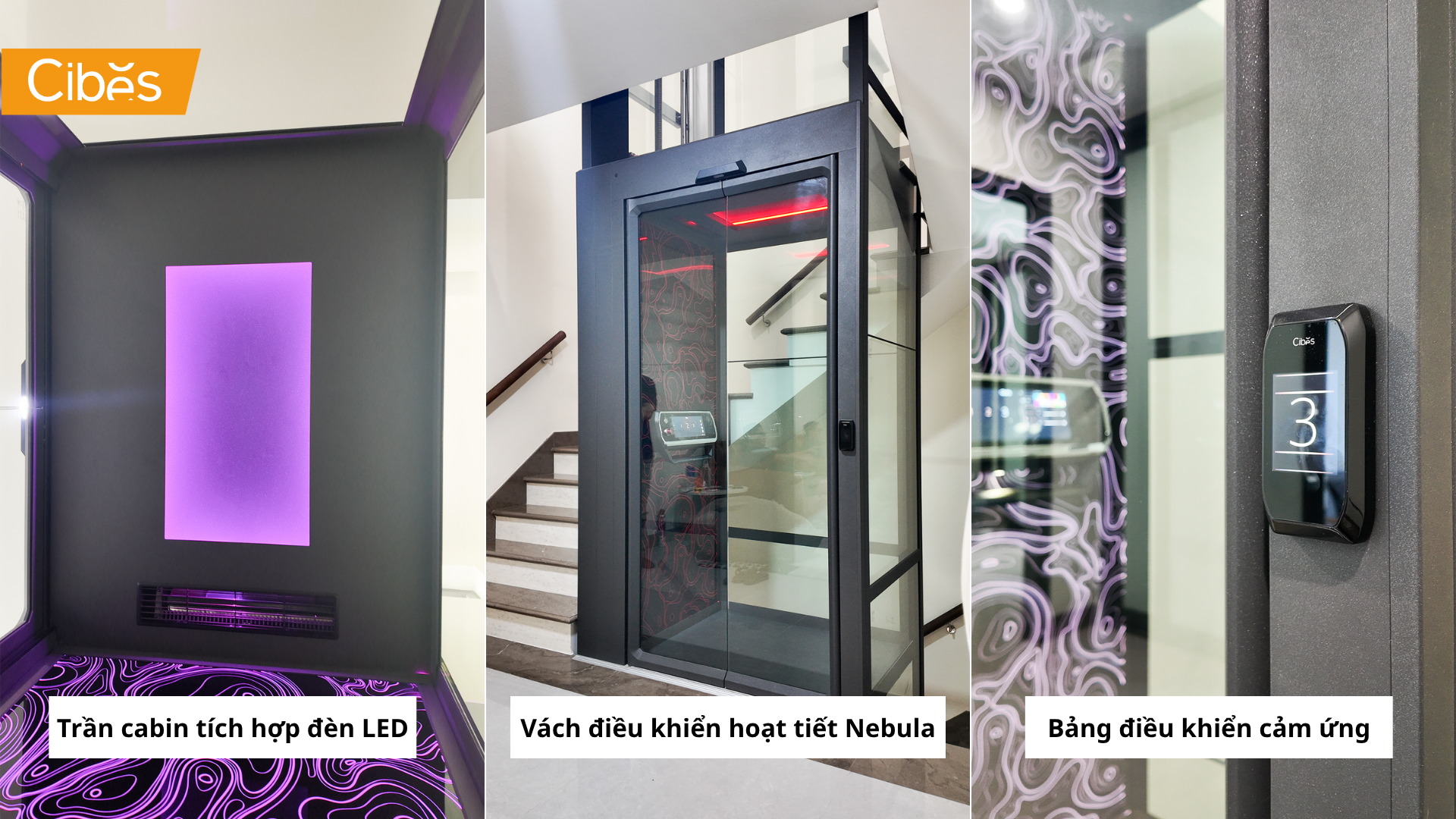 Hình ảnh thang máy gia đình 3 tầng Cibes V90 Galaxy hoàn thiện